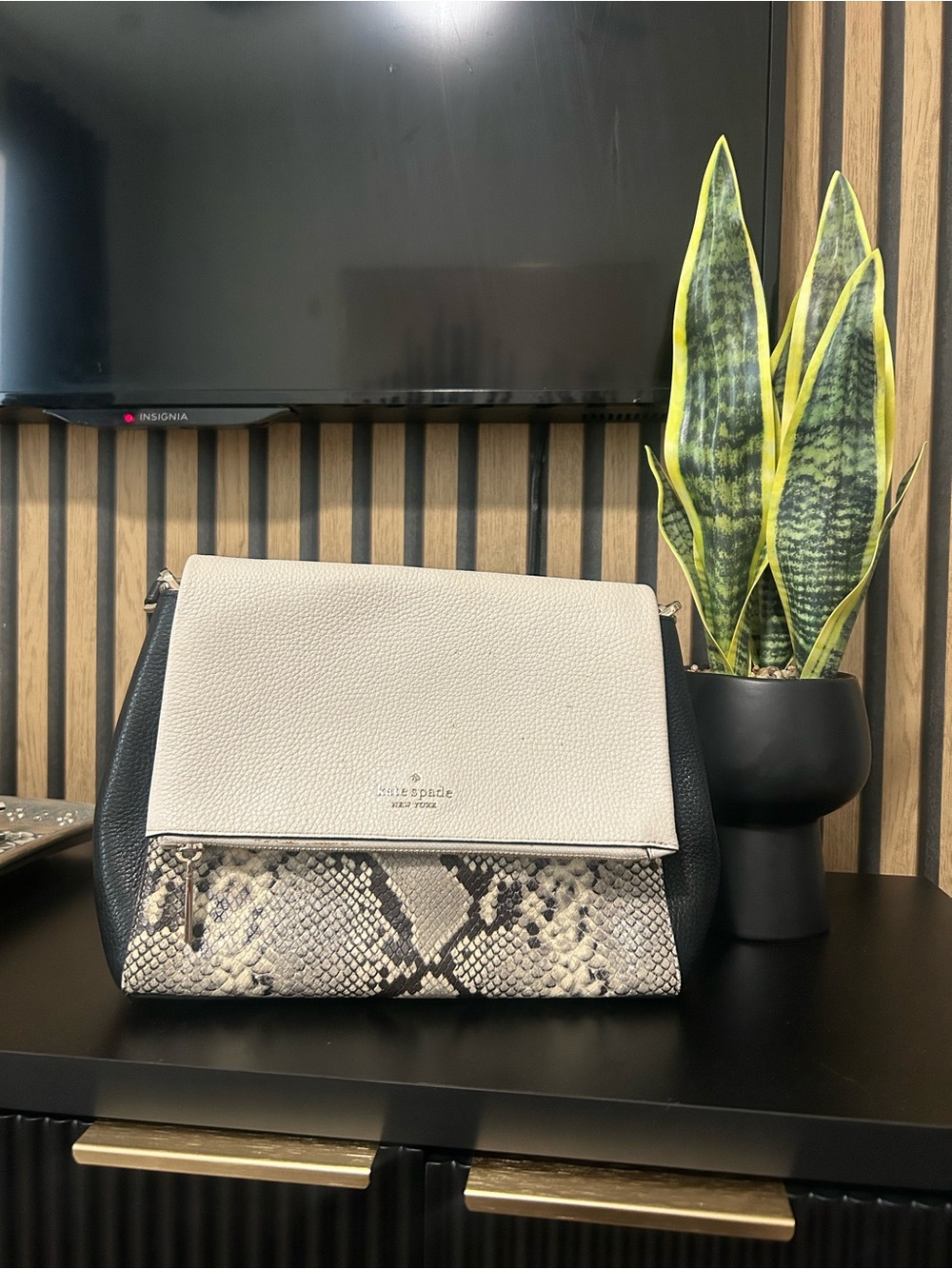 kate spade Cream, Black & Snakeprint Leather Shoulder Bag